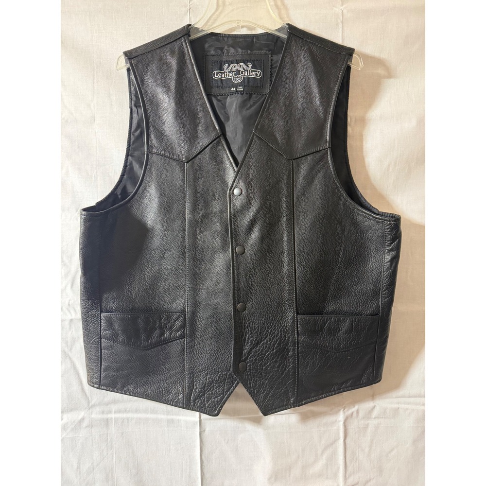 Leather Gallery Mens Black Genuine Leather‎ Vest Size 44 Motorcycle Biker